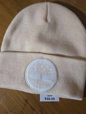 Timberland Cream Knit Cuffed Beanie with Tree Patch